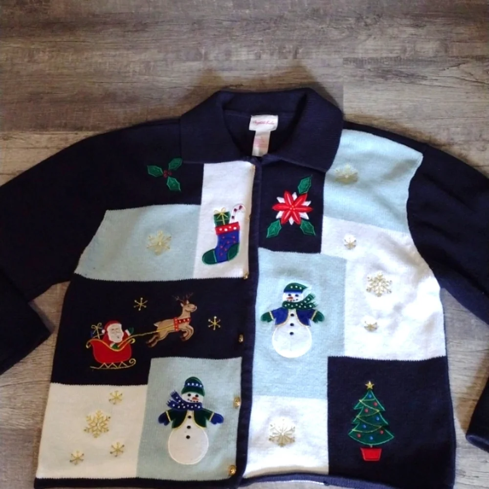 Women's Vintage Crystal Kobe Christmas Button Up Cardigan XL - Picture 8 of 8